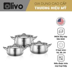 Bộ Nồi Inox OLIVO Chef’s Premium – Bộ 3 Nồi – Đa Dạng Kích Thước – Đáy Kép Liền Khối – Nắp Kính Cường Lực – Nấu Được Trên Mọi Loại Bếp
