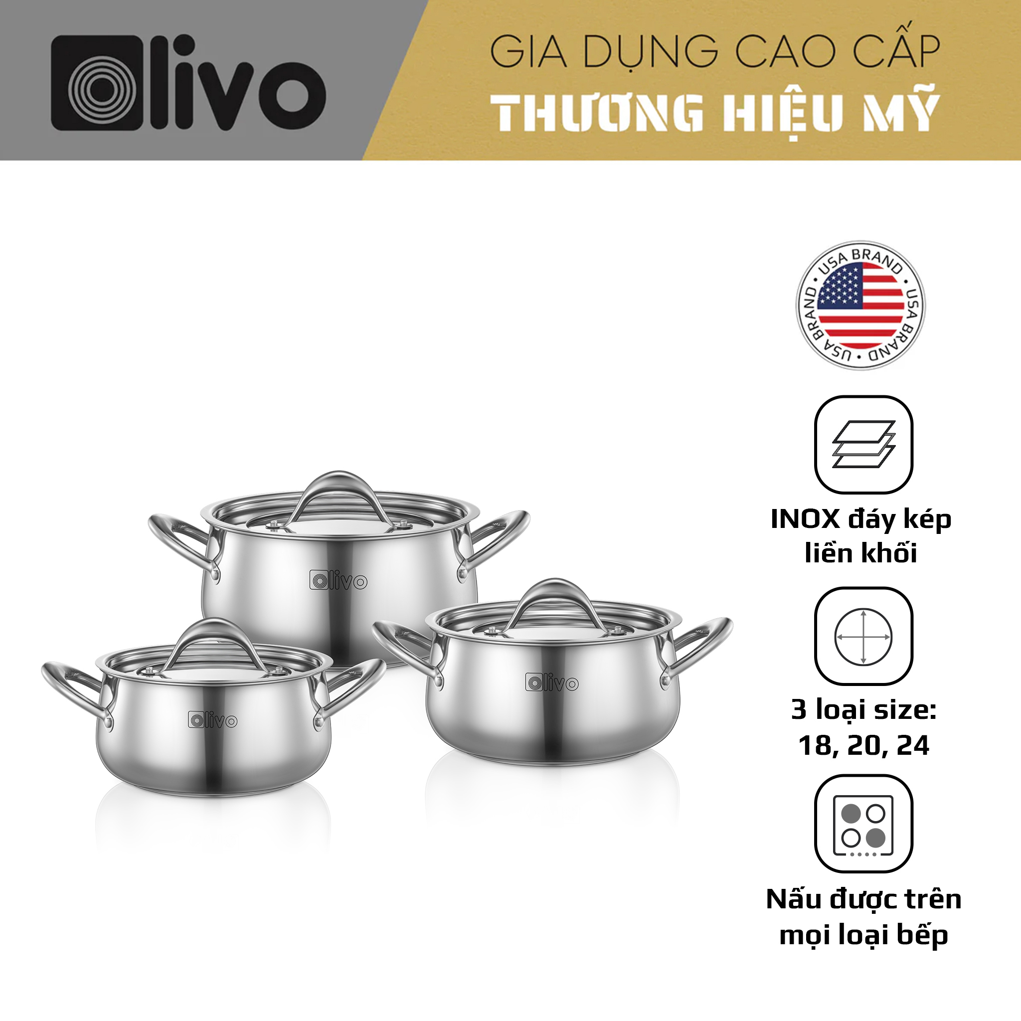 Bộ Nồi Inox OLIVO Chef’s Premium – Bộ 3 Nồi – Đa Dạng Kích Thước – Đáy Kép Liền Khối – Nắp Kính Cường Lực – Nấu Được Trên Mọi Loại Bếp