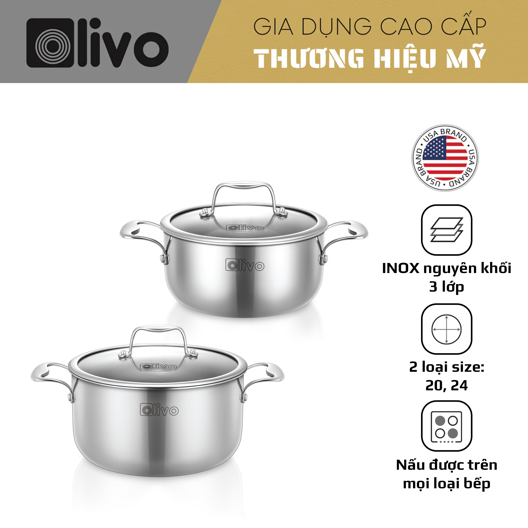 Bộ 2 Nồi OLIVO DAVINCI – Đa Dạng Kích Thước – Inox 3 Lớp – Nắp Kính Cường Lực – Nấu Được Trên Mọi Loại Bếp