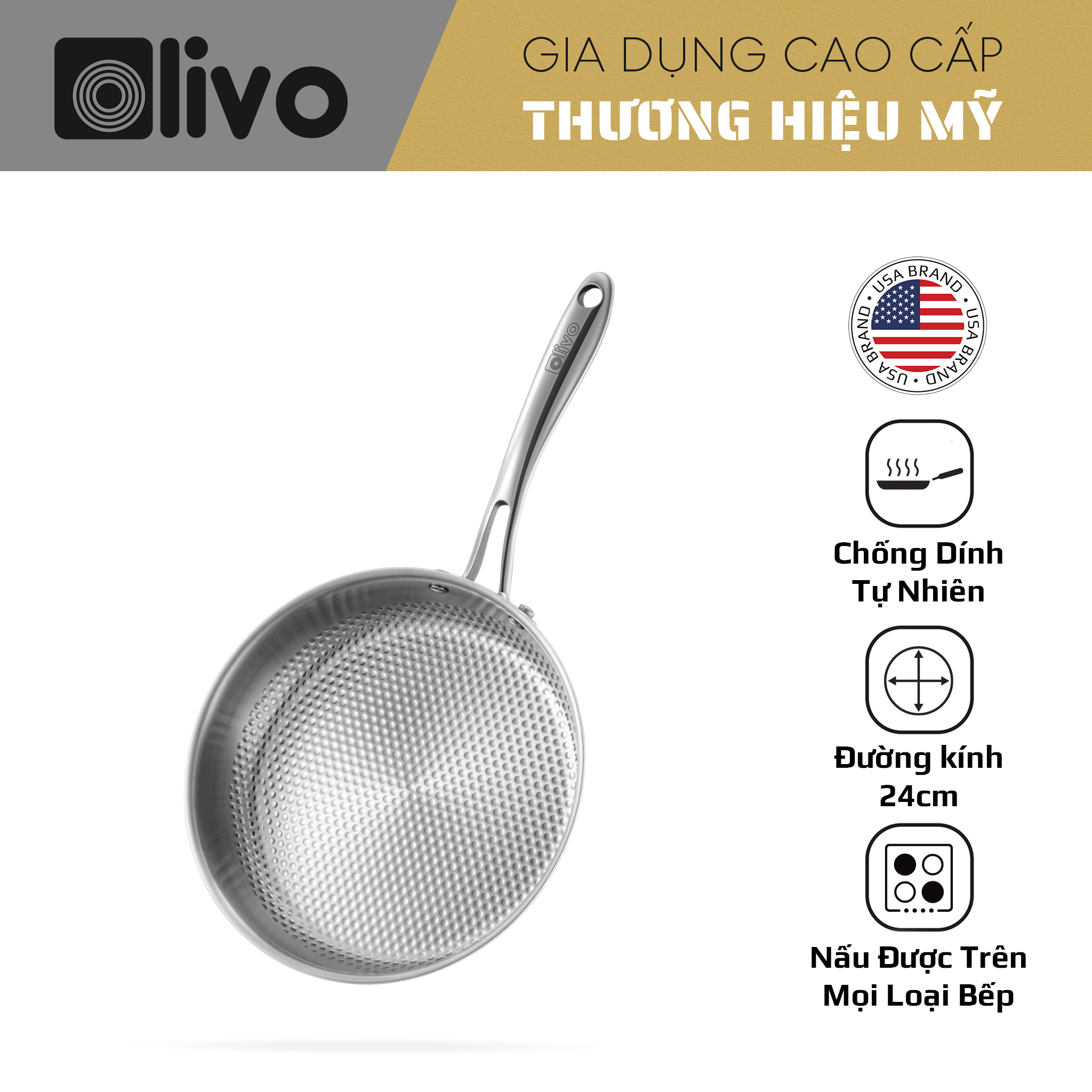 Chảo INOX OLIVO STEVE 2455 PRO – Lòng Chảo Vân Tròn – Chống Dính Tự Nhiên – Đường Kính 24Cm – Sâu Lòng 5.5Cm – Nấu Được Trên Mọi Loại Bếp