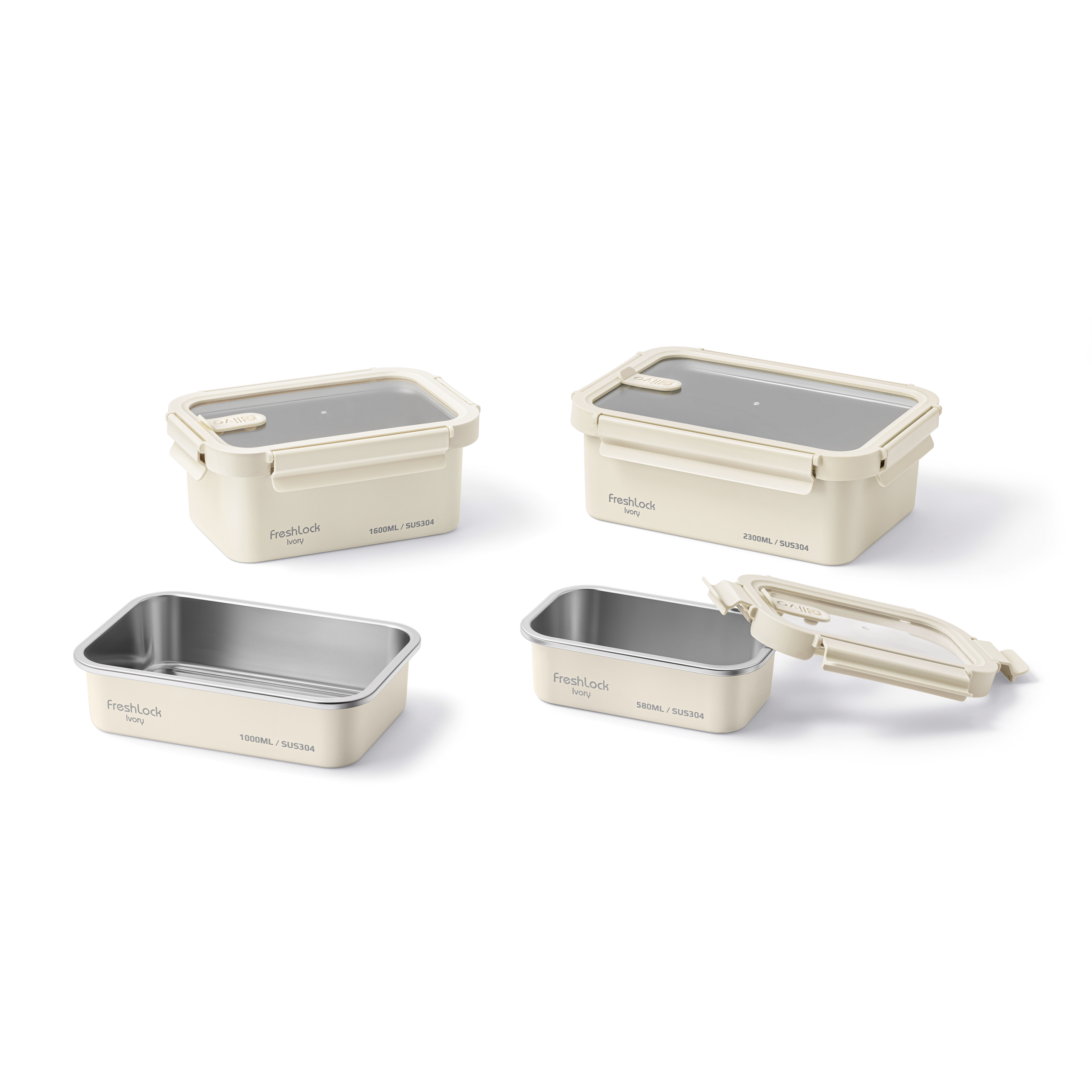 Bộ Hộp Bảo Quản Thực Phẩm OLIVO FRESHLOCK IVORY - Bộ 4 Hộp, Đa Dạng Kích Thước, Thân Hộp Inox 304 Sơn Tĩnh Điện, Nắp Nhựa AS Không Chứa BPA, Gioăng Silicon Chống Rò Rỉ, Tiện Lợi, Gọn Gàng